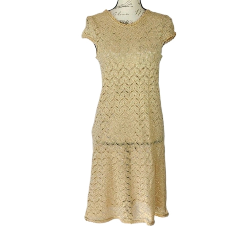 Donna Morgan Silk Blend Gold Lace Cap Sleeve Vintage Dress, 12